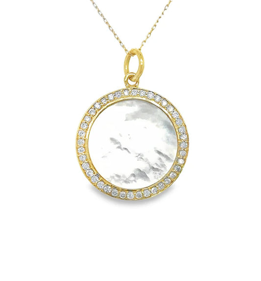 14KT YELLOW GOLD MOTHER OF PEARL DISK PENDANT WITH DIAMONDS