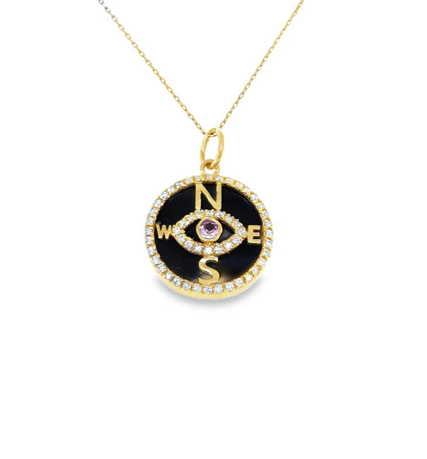 14KT YELLOW GOLD OYSTER TURQUOISE AND RUBY EVIL EYE COMPASS PENDANT WITH DIAMONDS