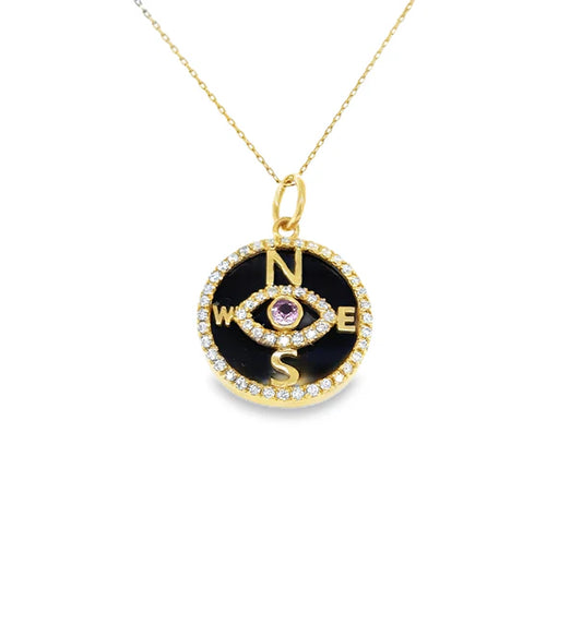 14KT YELLOW GOLD OYSTER TURQUOISE AND RUBY EVIL EYE COMPASS PENDANT WITH DIAMONDS