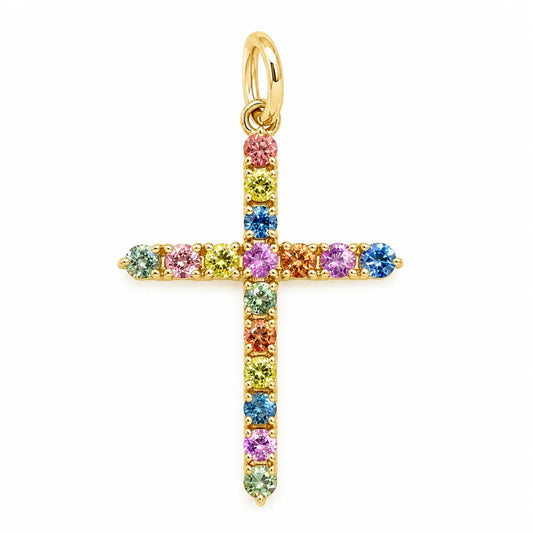 14KT YELLOW GOLD MULTI SAPPHIRE CROSS PENDANT