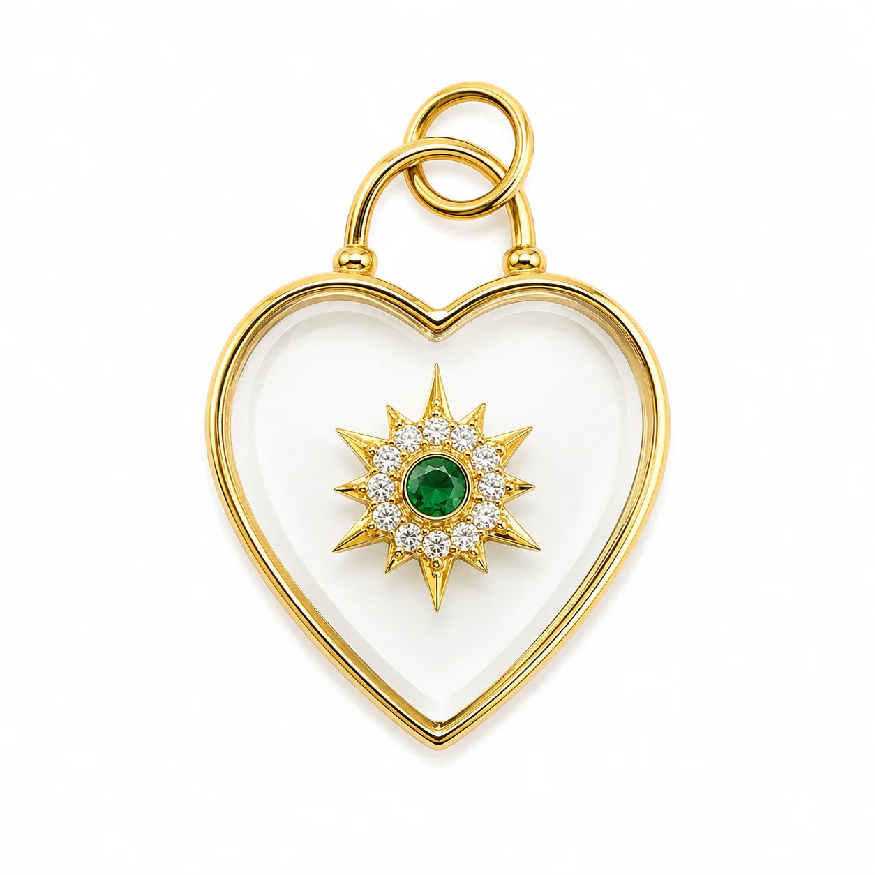 14KT YELLOW GOLD CLEAR CRYSTAL HEART-SHAPED PENDANT WITH EMERALD AND DIAMONDS