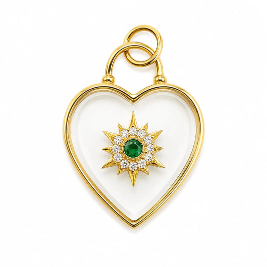 14KT YELLOW GOLD CLEAR CRYSTAL HEART-SHAPED PENDANT WITH EMERALD AND DIAMONDS