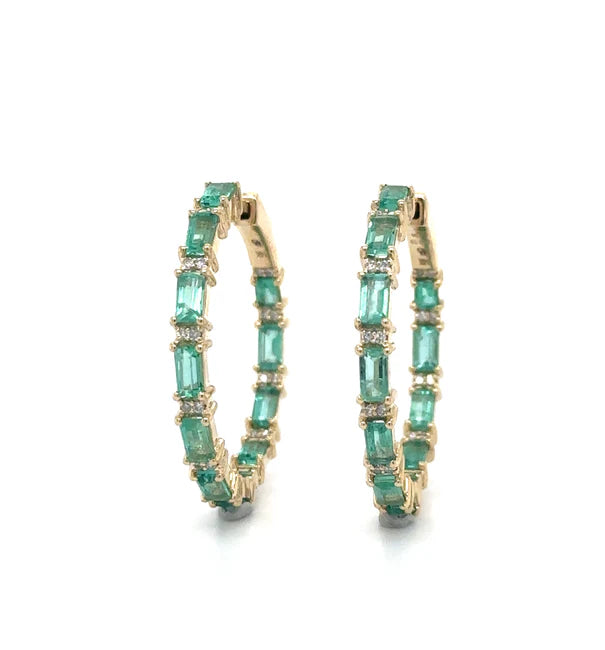 14KT YELLOW GOLD EMERALD AND DIAMOND HOOP EARRING