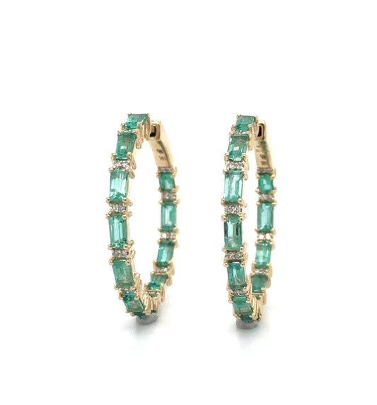 14KT YELLOW GOLD EMERALD AND DIAMOND HOOP EARRING