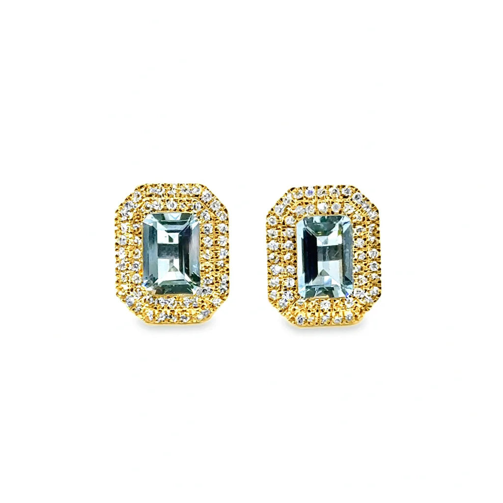 14KT GOLD AND WHITE GOLD AQUAMARINE AND DIAMONDS STUD EARRING