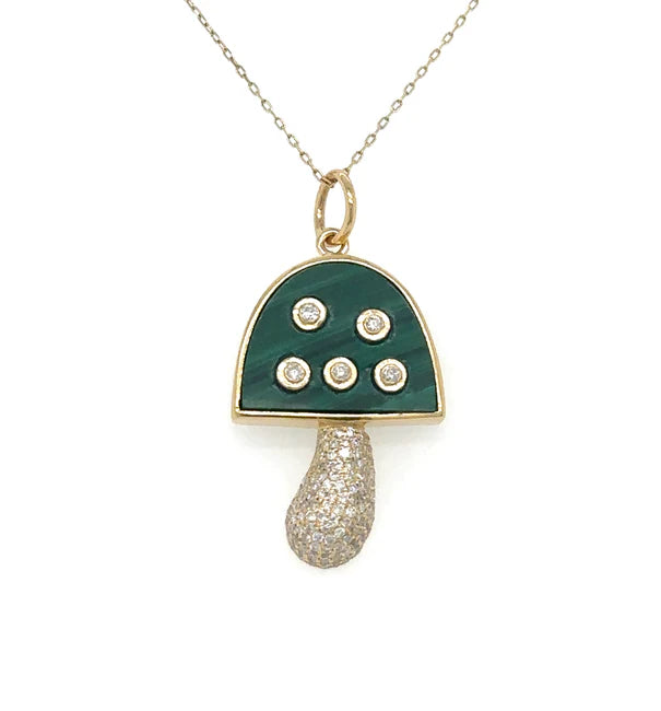 14KT YELLOW GOLD MALACHITE MUSHROOM PENDANT WITH DIAMONDS