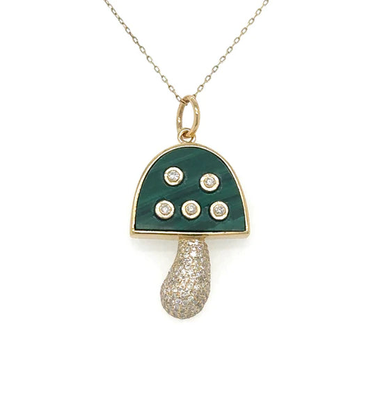 14KT YELLOW GOLD MALACHITE MUSHROOM PENDANT WITH DIAMONDS