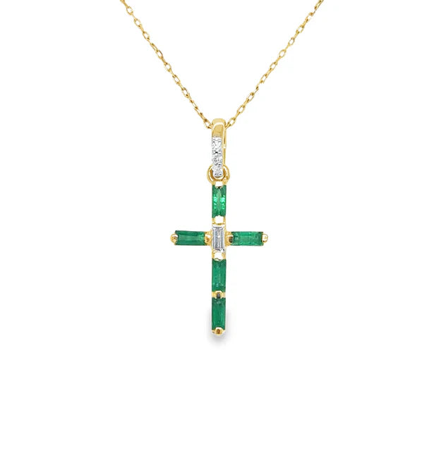 14KT YELLOW GOLD EMERALD AND DIAMONDS CROSS PENDANT
