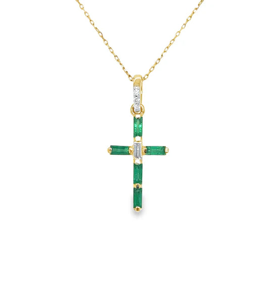 14KT YELLOW GOLD EMERALD AND DIAMONDS CROSS PENDANT