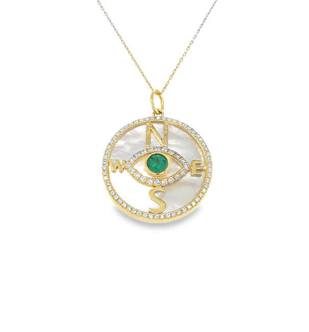 14KT YELLOW GOLD MOTHER OF PEARL AND EMERALD EVIL EYE COMPASS PENDANT WITH DIAMONDS