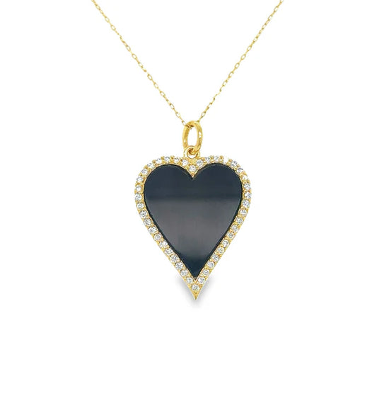 14KT YELLOW GOLD BLACK ONYX HEART PENDANT WITH DIAMONDS