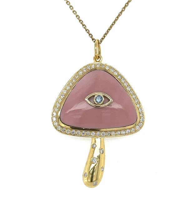14KT YELLOW GOLD PINK OPAL MUSHROOM PENDANT WITH DIAMONDS