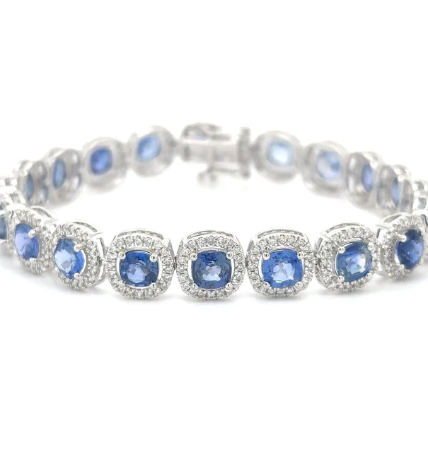 14KT WHITE GOLD DIAMOND SAPPHIRE CUSHION SHAPE BRACELET