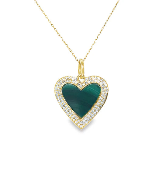 14KT YELLOW GOLD MALACHITE HEART PENDANT WITH DIAMONDS