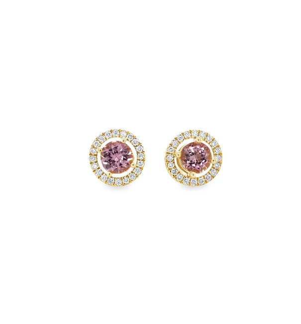 14KT YELLOW GOLD PINK TOURMALINE AND DIAMONDS STUD EARRING