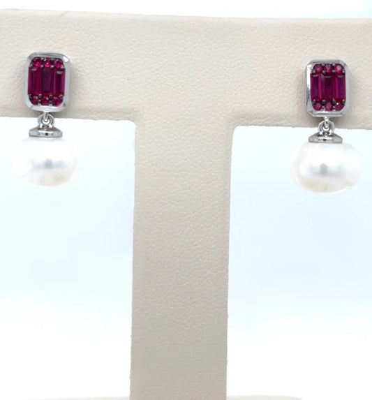 14KT WHITE GOLD FRESH WATER PEARL AND RUBY EARRING