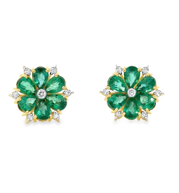 18KT YELLOW GOLD EMERALD AND DIAMONDS FLOWER EARRING