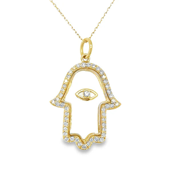 14KT YELLOW GOLD CLEAR QUARTZ HAMSA PENDANT WITH DIAMONDS