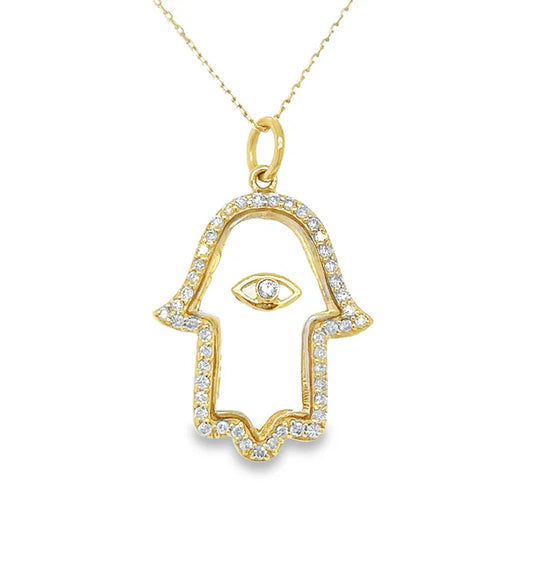 14KT YELLOW GOLD CLEAR QUARTZ HAMSA PENDANT WITH DIAMONDS