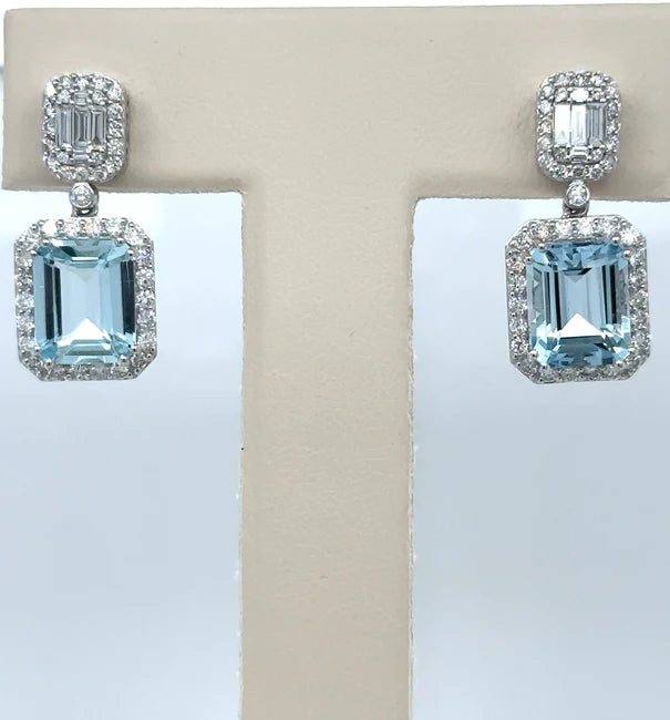 14KT WHITE GOLD AQUAMARINE WITH DIAMONDS EARRING