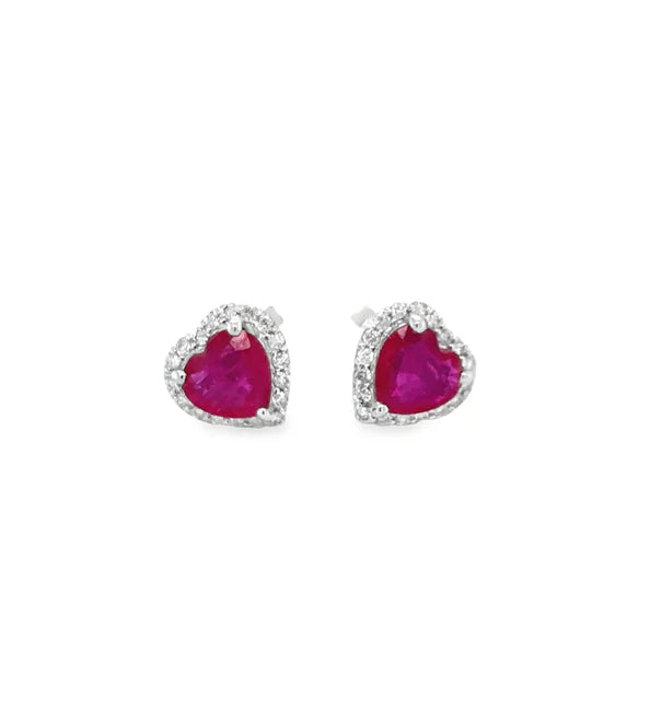 18KT WHITE GOLD HEART SHAPE RUBY AND DIAMONDS EARRING