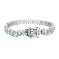 14KT WHITE GOLD MARQUISE SHAPE AQUAMARINE AND DIAMONDS TENNIS BRACELET