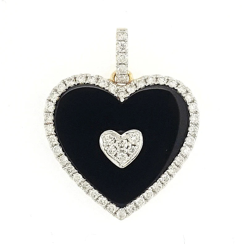 18KT GOLD BLACK ONYX AND DIAMOND HEART PENDANT