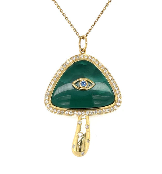 14KT YELLOW GOLD MALACHITE MUSHROOM PENDANT WITH DIAMONDS