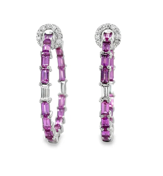 14KT WHITE GOLD PINK SAPPHIRE AND DIAMONDS HOOP EARING