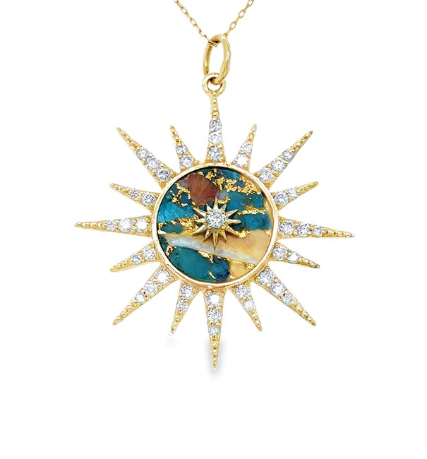 14KT YELLOW GOLD OYSTER TURQUOISE STARBURST PENDANT WITH DIAMONDS