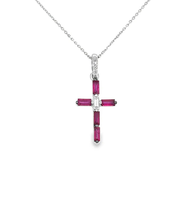 14KT WHITE GOLD RUBY AND DIAMONDS CROSS PENDANT