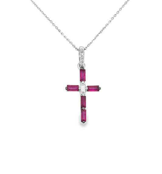 14KT WHITE GOLD RUBY AND DIAMONDS CROSS PENDANT