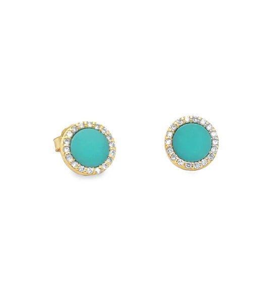 14KT YELLOW GOLD TURQUOISE WITH DIAMONDS ROUND EARRING