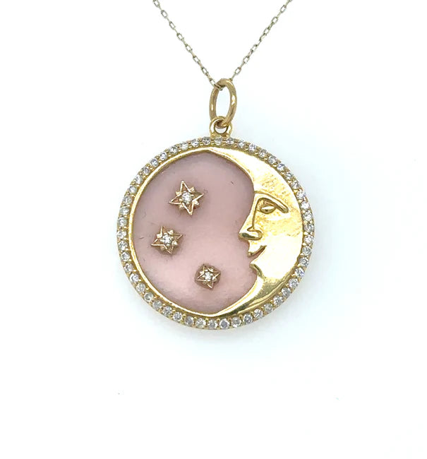 14KT YELLOW GOLD STAR MOON PINK OPAL PENDANT WITH DIAMONDS
