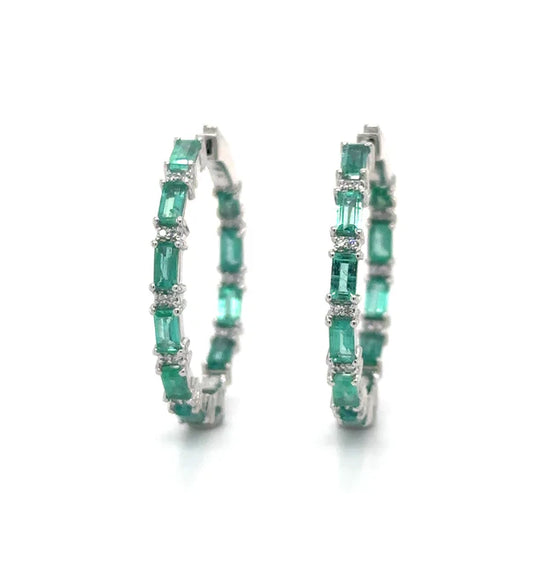 14KT WHITE GOLD EMERALD AND DIAMOND HOOP EARRING