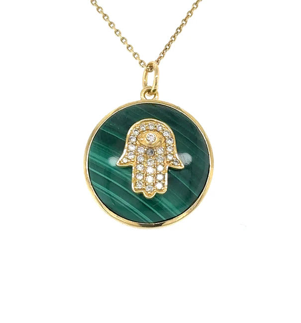 14KT YELLOW GOLD MALACHITE HAMSA PENDANT WITH DIAMONDS