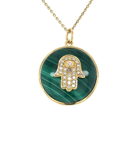 14KT YELLOW GOLD MALACHITE HAMSA PENDANT WITH DIAMONDS