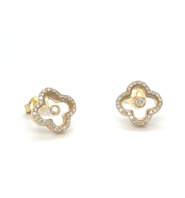 14KT YELLOW GOLD CLEAR QUARTZ AND DIAMONDS CLOVER EARRING