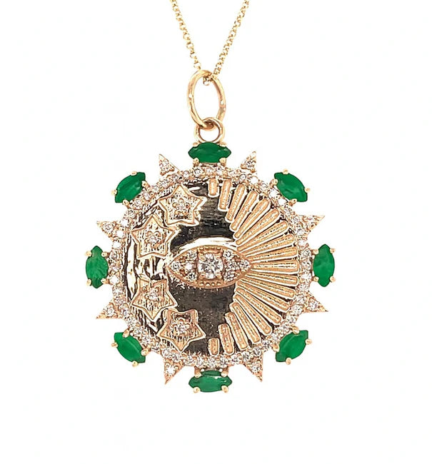 14KT GOLD DIAMONDS/ EMERALD WITH EVIL EYE ROUND PENDENT