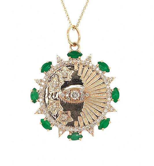 14KT GOLD DIAMONDS/ EMERALD WITH EVIL EYE ROUND PENDENT