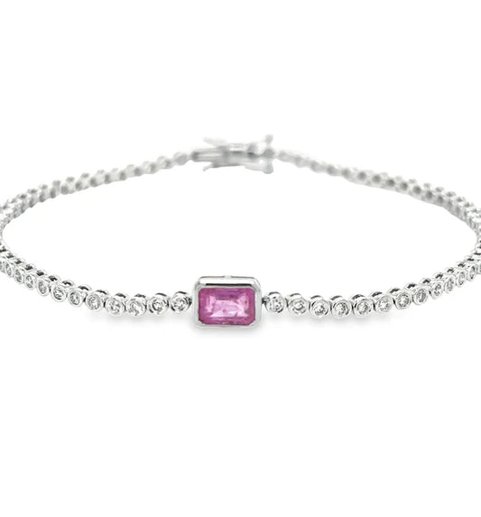 14KT WHITE GOLD PINK SAPPHIRE OCT AND DIAMOND TENNIS BRACELET