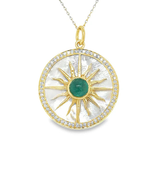 14KT YELLOW GOLD MOTHER OF PEARL PENDANT WITH EMERALD AND DIAMONDS