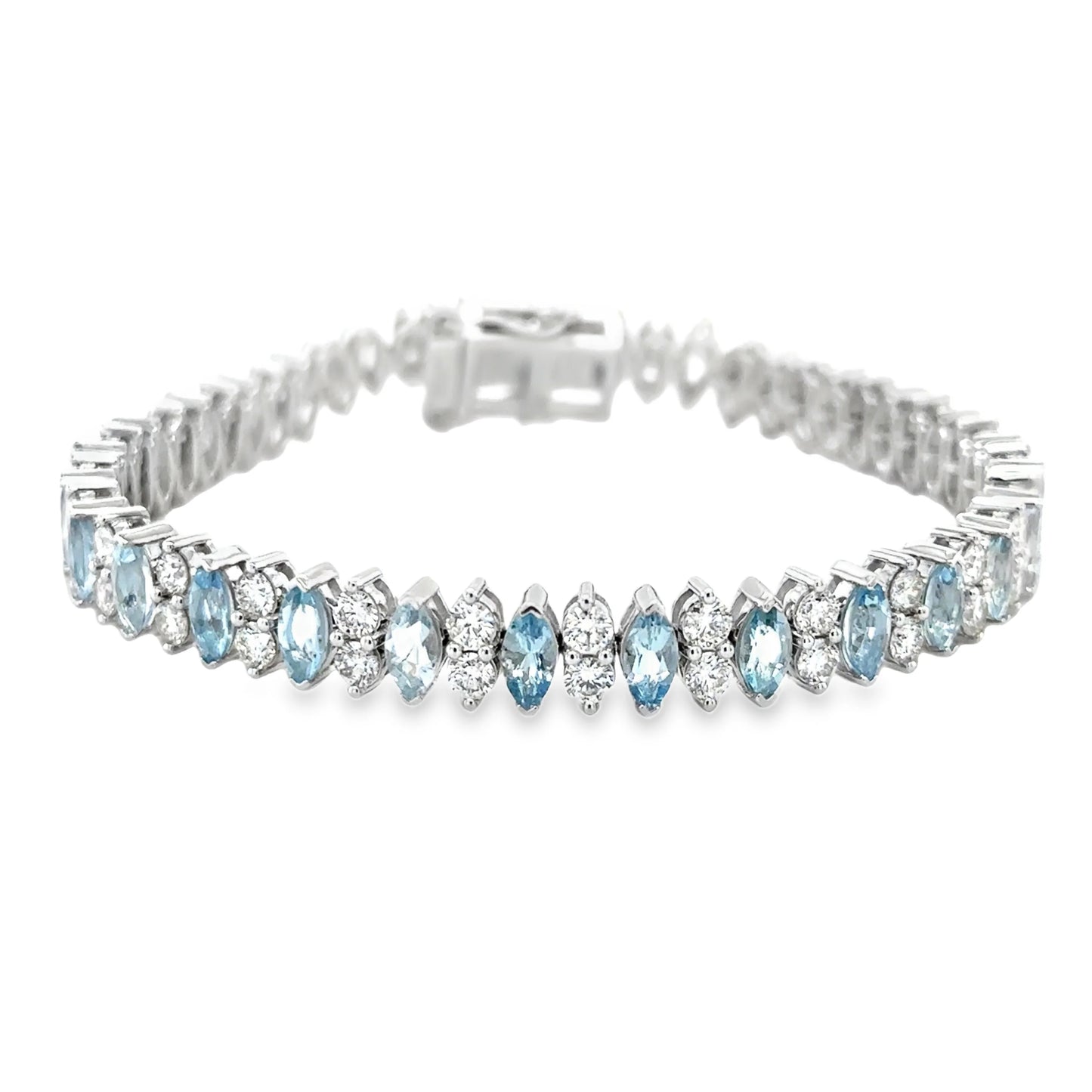 14KT WHITE GOLD MARQUISE SHAPE AQUAMARINE AND DIAMONDS TENNIS BRACELET