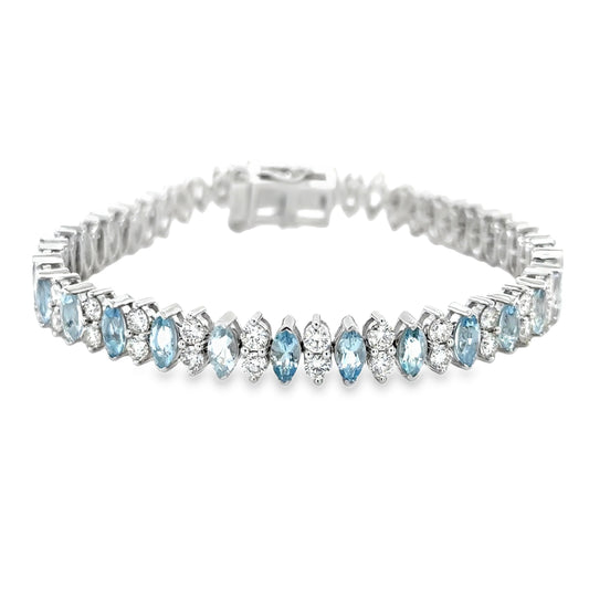 14KT WHITE GOLD MARQUISE SHAPE AQUAMARINE AND DIAMONDS TENNIS BRACELET