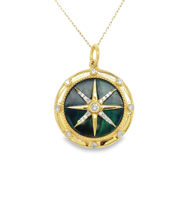 14KT YELLOW GOLD MALACHITE COMPASS PENDANT WITH DIAMONDS