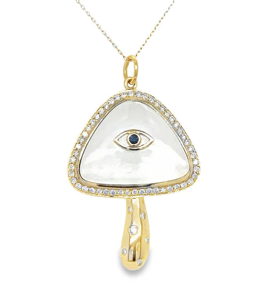 14KT YELLOW GOLD CLEAR QUARTZ MUSHROOM PENDANT WITH DIAMONDS
