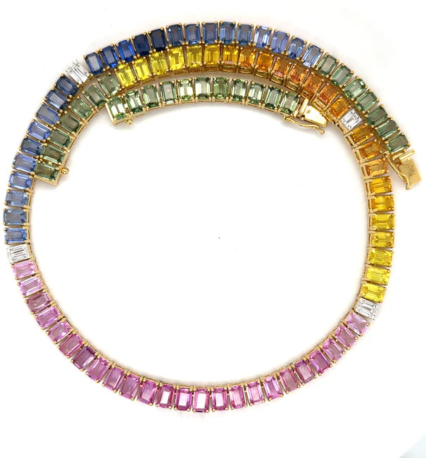 14KT YELLOW GOLD MULTI SAPPHIRE AND DIAMOND NECKLACE 18"