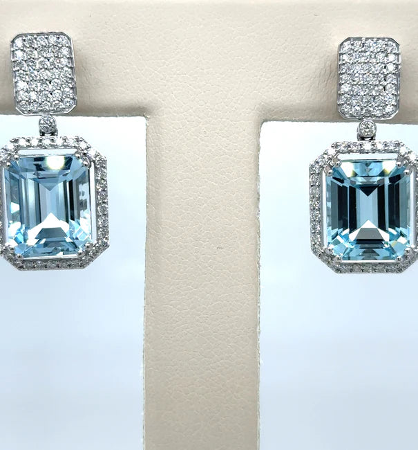 14KT WHITE GOLD AQUAMARINE WITH DIAMONDS EARRING