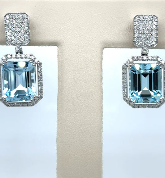 14KT WHITE GOLD AQUAMARINE WITH DIAMONDS EARRING