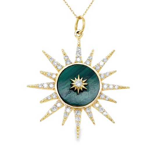 14KT YELLOW GOLD MALACHITE STARBURST PENDANT WITH DIAMONDS